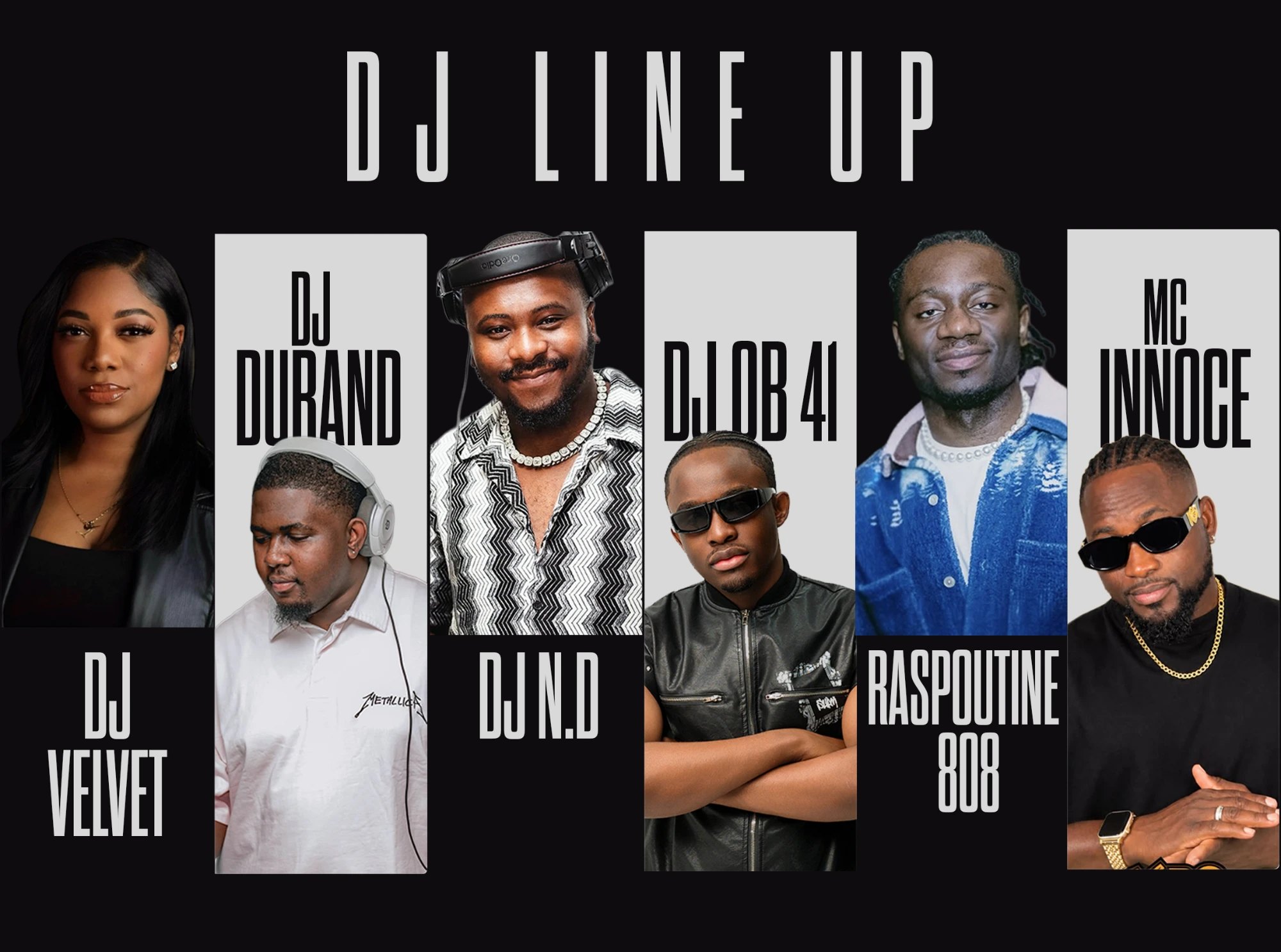 Les DJ et animateurs du Grand Concert : DJ Velvet, DJ Durand, DJ N.D, DJ OB 41, Raspoutine808, MC Innoce